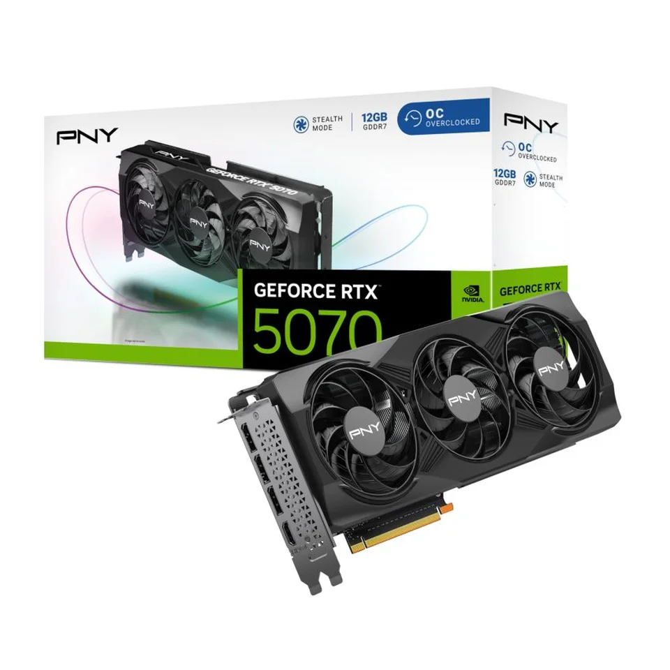 GPU PNY GeForce RTX 5070 Overclocked - 12GB GDDR7, Dual Fan, DLSS4, RayTracing, Reflex 2